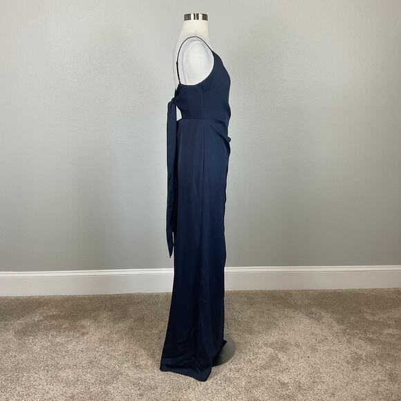 AQUA Satin Cut Out Back Evening Gown Blue Size 6 Sleeveless Thigh Slit Formal - Picture 4 of 12